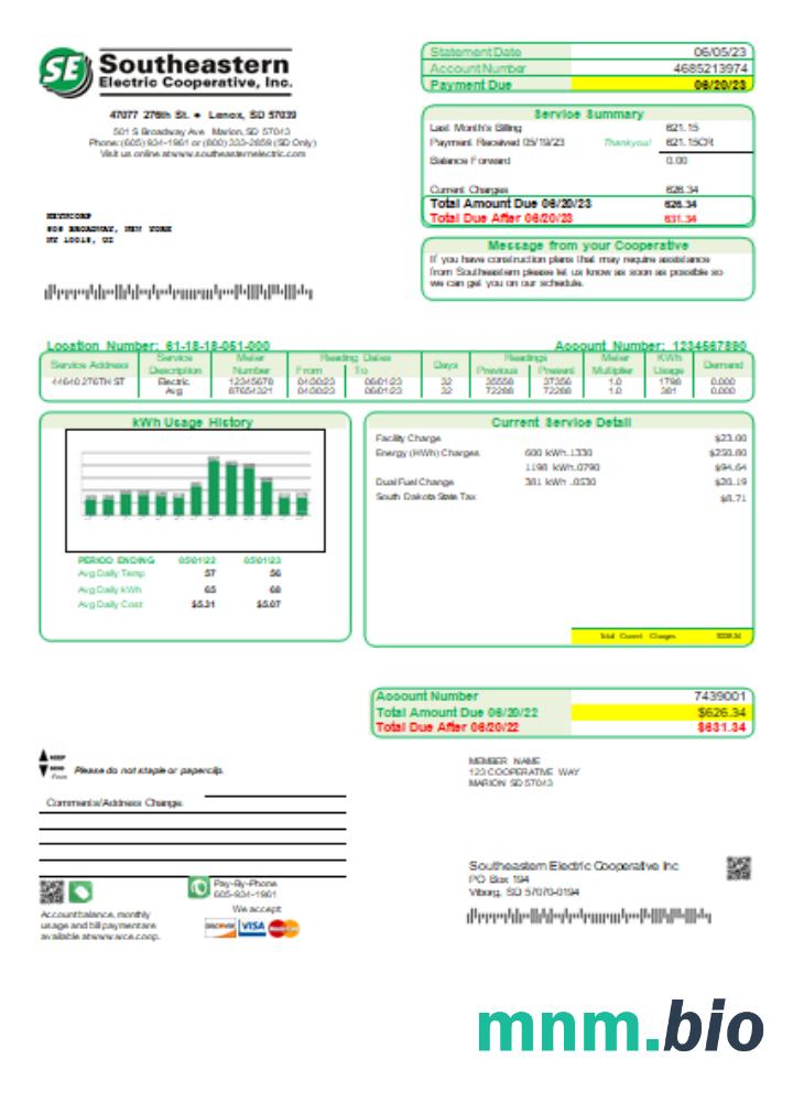 Southeastern Electric Cooperative, Inc. rachunek za usługi komunalne